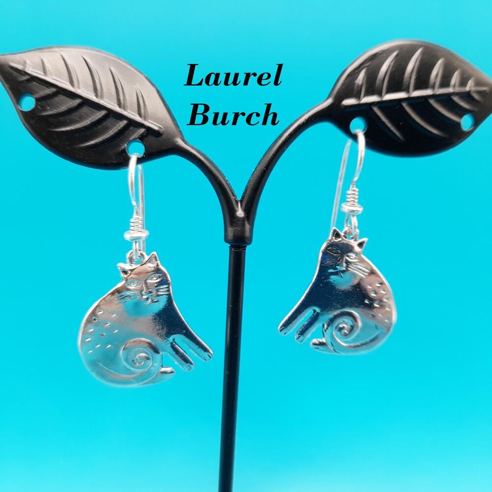 Vintage Laurel Burch Keshire Cat Earrings, Rhodium Plated